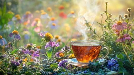 Poster - A steaming cup of tea rests among colorful blooming flowers and fresh herbs creating a tranquil and soothing natural ambiance