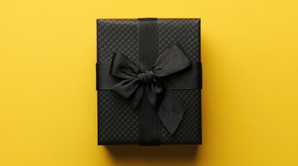 Aufkleber - Black gift box adorned with a textured bow set against a vibrant yellow background suitable for various celebrations and card gifts