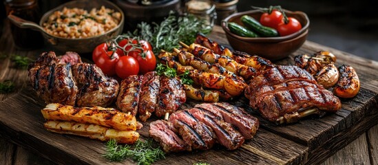 Poster - Assorted Delicious Grilled Meat With Vegetable And Herbs On Rustic Table