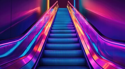 Aufkleber - Escalator featuring LED lights in an abstract theme with vibrant neon colors