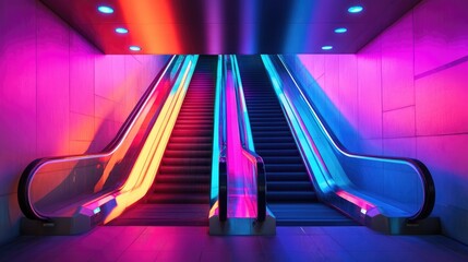 Aufkleber - Escalator featuring LED lights in an abstract theme with vibrant neon colors