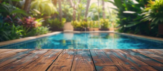 Fototapete - Wood Table Top Of The Background And Pool