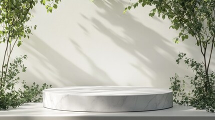 Poster - Podium for product presentation against a light backdrop featuring greenery Minimalist design with white marble stone accents
