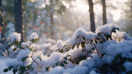 Poster - Close up of snow laden foliage in a winter forest capturing a serene natural landscape