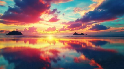 Poster - Vibrant sunset over islands mirrored in the ocean with sunlight and tides on a sandy beach featuring vivid colors and ample copy space
