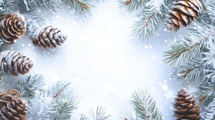 Poster - Snow covered pine branches and cones create a festive natural frame against a white backdrop ideal for holiday themed designs