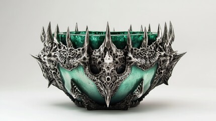 Poster - Intricate green gemstone vessel featuring spiked metal accents and a symmetrical design set against a clean white background