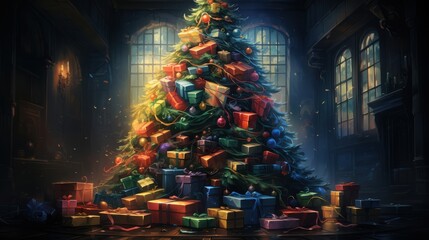 Poster - A Christmas tree adorned with ornaments and overflowing with presents sits in the warm glow of a sunlit room, a scene of joy and abundance.