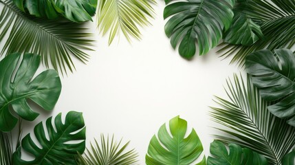 Poster - A realistic border framed with lush monstera and palm leaves creating a white central space in a top view flat lay arrangement