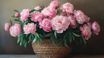 Poster - Arrangement of pink peonies in a woven basket