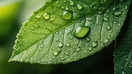 Poster - Close up of a green leaf adorned with water droplets