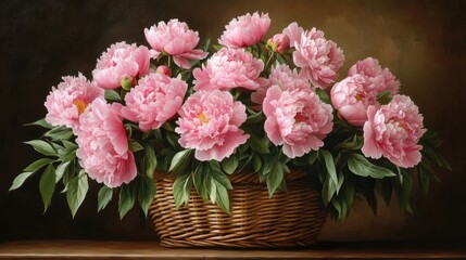 Poster - Arrangement of pink peonies in a woven basket