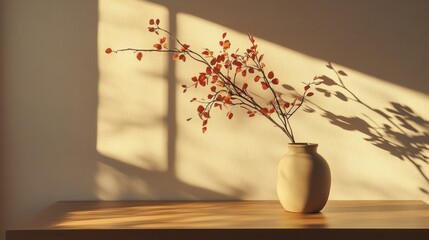 Poster - A minimalist autumn arrangement on a brown table casts shadows on the wall