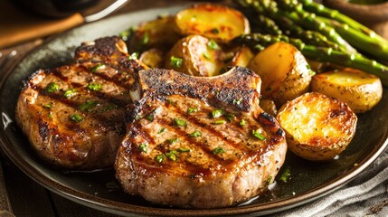 Aufkleber - Grilled pork chops served with roasted potatoes and fresh asparagus on a plate