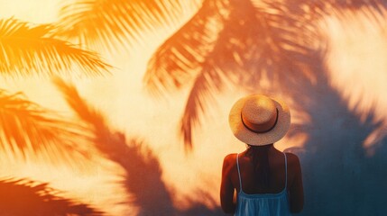 Leinwandbilder - Exotic travel concept featuring palm tree shadows and a hat wearing photographer on a light wall during sunset or sunrise Ideal background template for text or wallpaper use