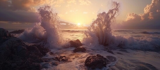 Poster - Charming Atmosphere Of The Sea Surf At Sunset Waves Hit The Rocky Shore With Force Forming Giant Fountains Of Splashes