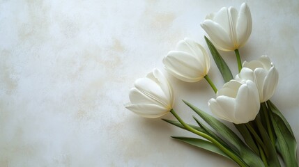Aufkleber - Freshly cut white tulip blooms viewed from above on a light background featuring ample space for your text