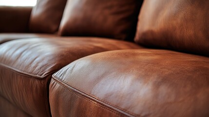 Aufkleber - Close up of an elegant brown leather sofa highlighting its sleek texture and contemporary design perfect for chic interior spaces