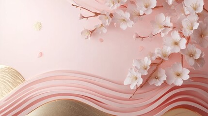 Traditional Japanese background with golden wave patterns and cherry blossoms on soft pink, isolated on white