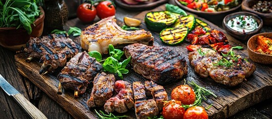 Poster - Assorted Delicious Grilled Meat With Vegetable And Herbs On Rustic Table