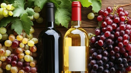 Poster - Red and white wine bottles alongside a cluster of grapes