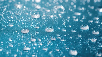 Poster - Water droplets on a blue surface Dew on metallic texture Suitable for banners postcards or book illustrations