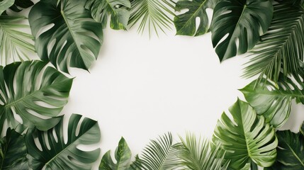 Poster - A realistic border framed with lush monstera and palm leaves creating a white central space in a top view flat lay arrangement