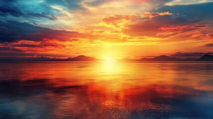 Poster - Vibrant sunset over islands mirrored in the ocean with sunlight and tides on a sandy beach featuring vivid colors and ample copy space
