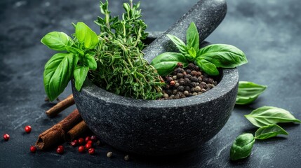 Poster - Vibrant garden herbs in a mortar bowl alongside spices on a dark stone surface Includes thyme rosemary basil and tarragon for culinary use