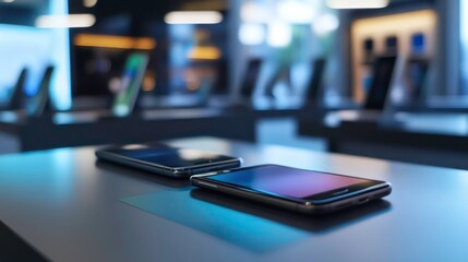 Aufkleber - Two smartphones are displayed on a table in a modern electronics store.