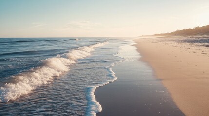 Aufkleber - Gentle waves lapping at a sandy shore in the morning light creating a serene beach atmosphere
