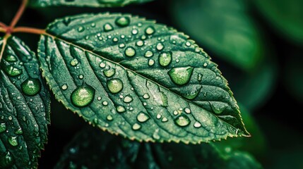 Poster - Close up of a green leaf adorned with water droplets