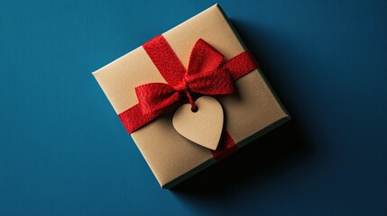 Aufkleber - Gift box featuring a tag and red bow set against a blue background Overhead view Celebration theme with a heart element