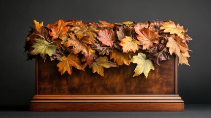 Aufkleber - Wooden display pedestal adorned with autumn leaves