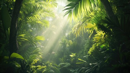 Poster - Sunlight streams through the thick greenery of a lush jungle highlighting the leaves and evoking a tranquil enchanting ambiance