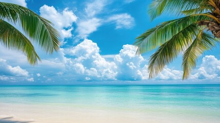 Aufkleber - A tranquil tropical beach featuring a palm tree crystal clear water and soft clouds against a vibrant sky