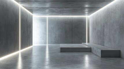 Aufkleber - Abstract minimalist interior featuring a concrete room with grey walls and LED light lines creating a modern empty space ideal for showcasing white stone textures and architectural elements