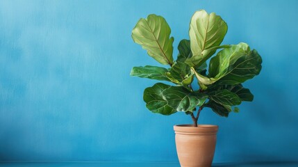 Aufkleber - Fiddle leaf fig displayed in a terracotta vase against a blue background