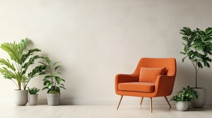 Poster - Contemporary living room featuring an orange armchair and decorative potted plants mockup