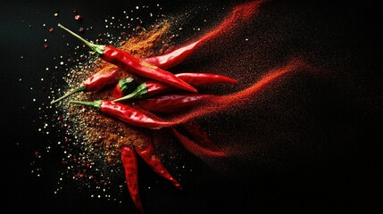 Poster - Isolated burst of raw red chilies and powder on a black background captured in a close up showcasing vibrant colors and textures High quality image