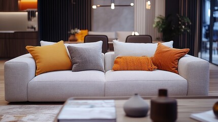 Poster - Cozy modern sofa and plush luxury couch in a stylish minimalist living room with contemporary interior design perfect for furniture shopping promotions