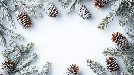 Poster - Snow covered pine branches and cones create a festive natural frame against a white backdrop ideal for holiday themed designs