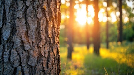 Aufkleber - Close up of a tree trunk during a sunset in a forest environment