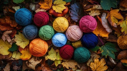 Poster - A collection of yarn balls arranged atop a bed of leaves