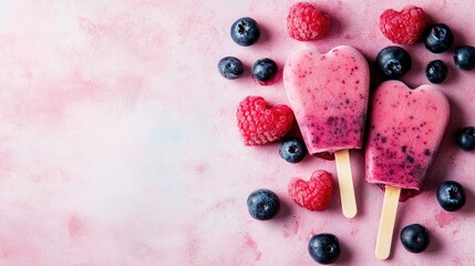 Poster - Heart shaped berry smoothie popsicles on a banner with ample space for text or branding