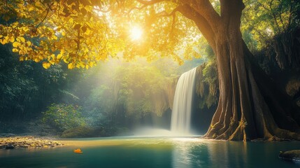 Poster - Sunlight illuminates tree leaves in a lush rainforest showcasing a stunning waterfall cascading into a clear pond with a large ancient tree in the foreground