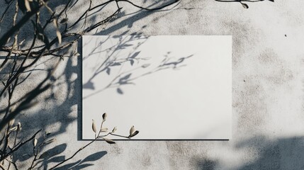 Poster - Blank white horizontal poster or card mockup featuring soft tree leaves and branch shadows against a light grey concrete wall background Flat lay perspective