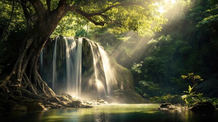 Poster - Sunlight illuminates tree leaves in a lush rainforest showcasing a stunning waterfall cascading into a clear pond with a large ancient tree in the foreground