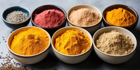 A Collection of Vibrant Spices in Bowls, Ready to Infuse Flavor and Color into Culinary Creations