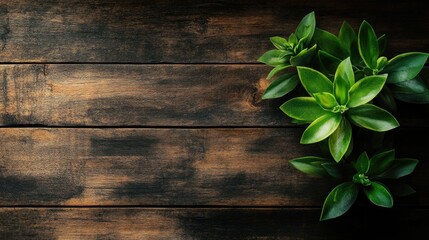 Wooden backdrop featuring a green plant Aerial perspective with ample space for text High quality image